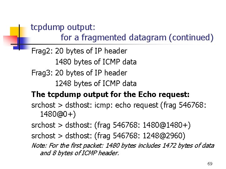 tcpdump output: for a fragmented datagram (continued) Frag 2: 20 bytes of IP header tcpdump output: for a fragmented datagram (continued) Frag 2: 20 bytes of IP header