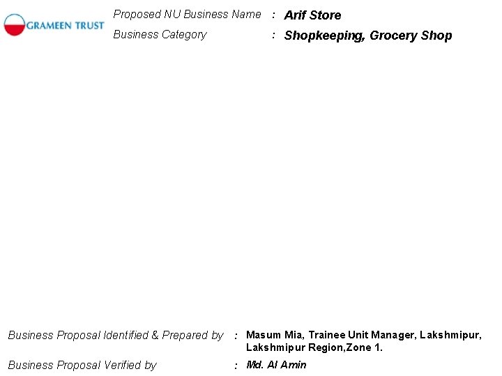 Proposed NU Business Name : Arif Store Business Category Business Proposal Identified & Prepared