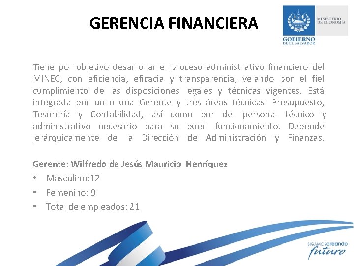 GERENCIA FINANCIERA Tiene por objetivo desarrollar el proceso administrativo financiero del MINEC, con eficiencia,