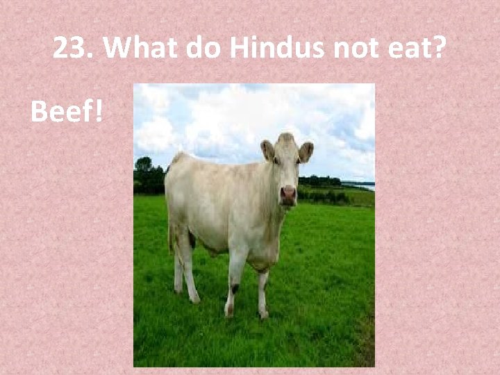 23. What do Hindus not eat? Beef! 