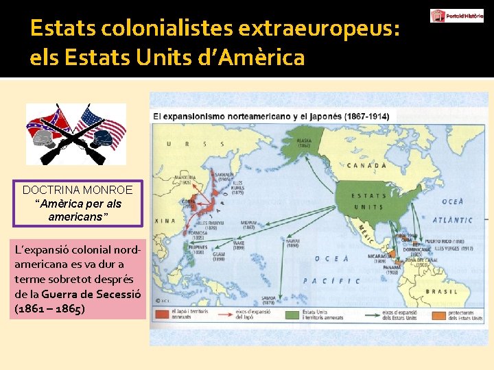 Estats colonialistes extraeuropeus: els Estats Units d’Amèrica DOCTRINA MONROE “Amèrica per als americans” L’expansió