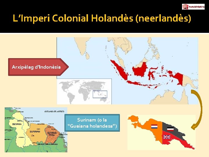 L’Imperi Colonial Holandès (neerlandès) Arxipèlag d’Indonèsia Surinam (o la “Guaiana holandesa”) 