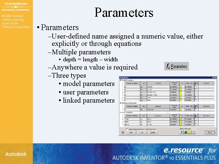 Parameters • Parameters – User-defined name assigned a numeric value, either explicitly or through