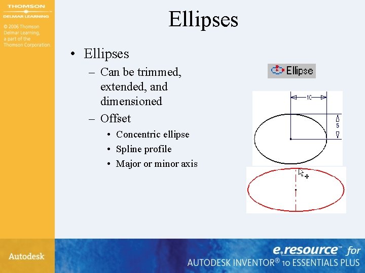 Ellipses • Ellipses – Can be trimmed, extended, and dimensioned – Offset • Concentric