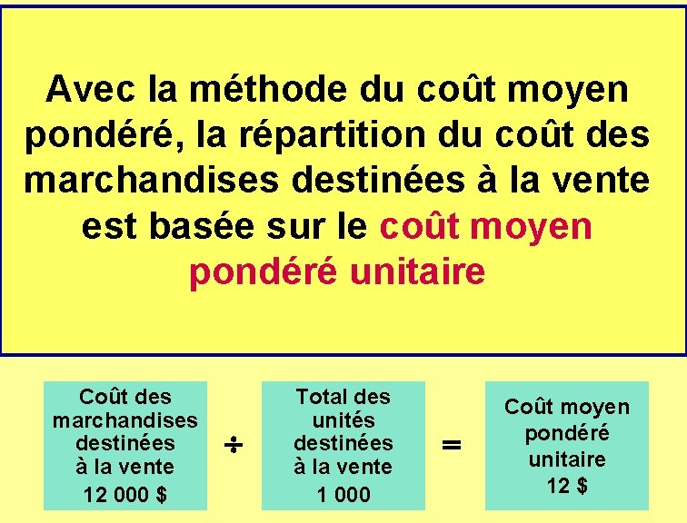 Avec la méthode du coût moyen pondéré, la répartition du coût des marchandises destinées