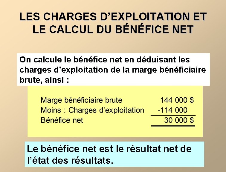 LES CHARGES D’EXPLOITATION ET LE CALCUL DU BÉNÉFICE NET On calcule le bénéfice net