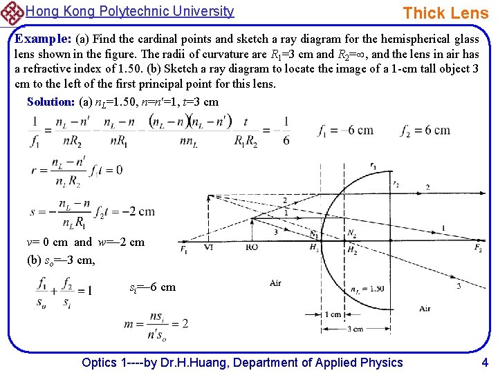 Hong Kong Polytechnic University Thick Lens Example: (a) Find the cardinal points and sketch