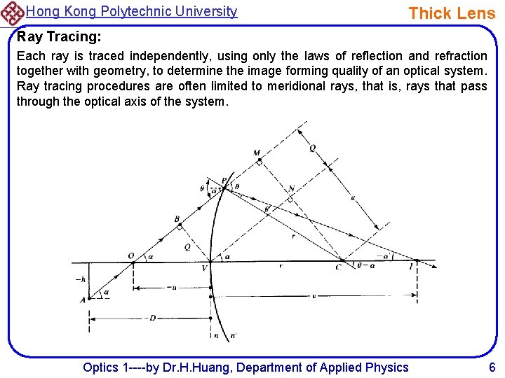 Hong Kong Polytechnic University Thick Lens Ray Tracing: Each ray is traced independently, using