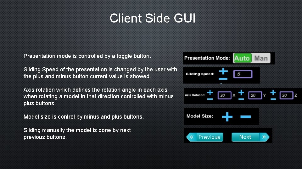 Client Side GUI Presentation mode is controlled by a toggle button. Sliding Speed of