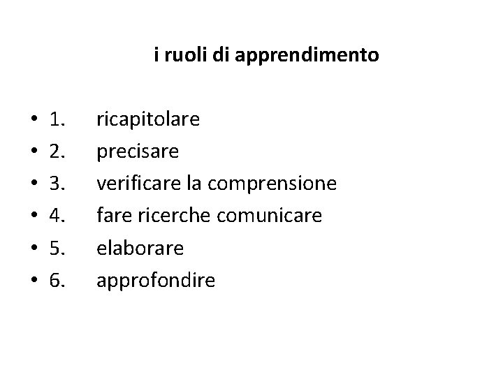  • • • i ruoli di apprendimento 1. ricapitolare 2. precisare 3. verificare