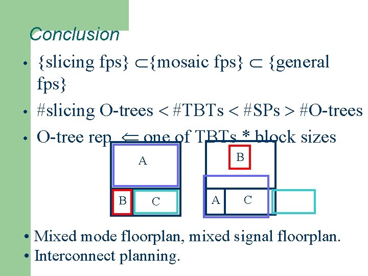 Conclusion • {slicing fps} {mosaic fps} {general fps} • #slicing O-trees #TBTs #SPs #O-trees