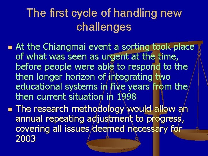 The first cycle of handling new challenges n n At the Chiangmai event a