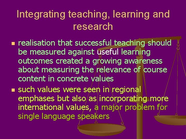 Integrating teaching, learning and research n n realisation that successful teaching should be measured