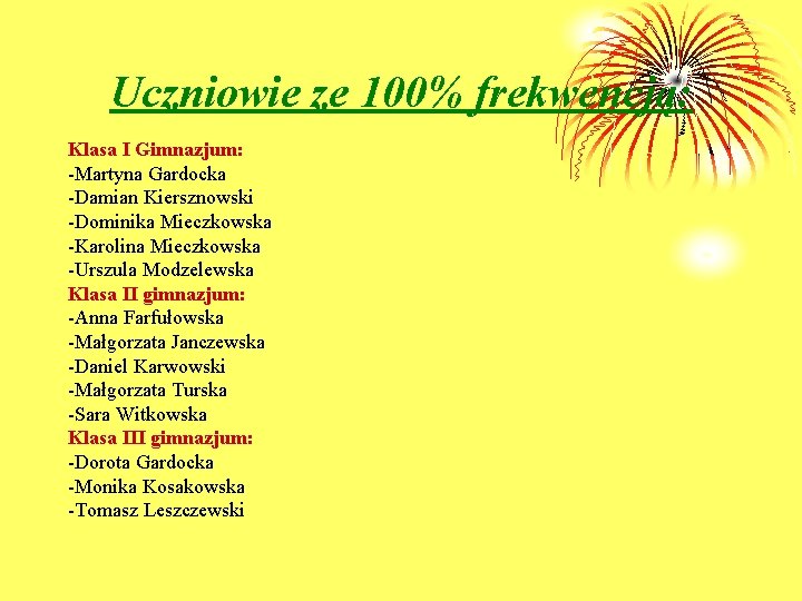 Uczniowie ze 100% frekwencją: Klasa I Gimnazjum: -Martyna Gardocka -Damian Kiersznowski -Dominika Mieczkowska -Karolina