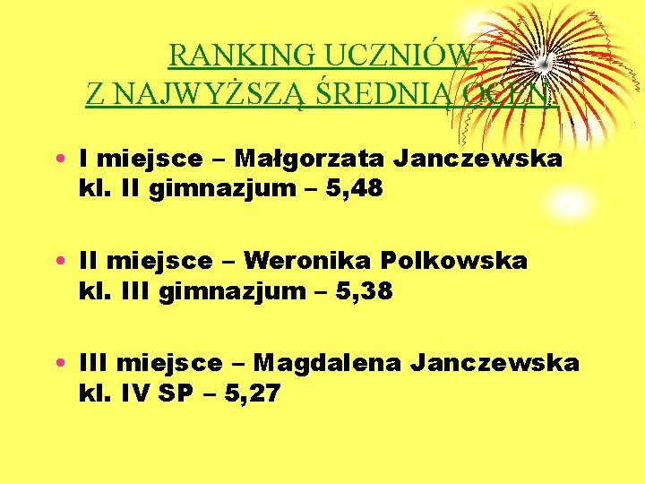 RANKING UCZNIÓW Z NAJWYŻSZĄ ŚREDNIĄ OCEN: • I miejsce – Małgorzata Janczewska kl. II