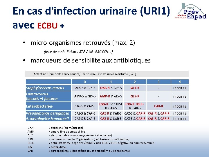 En cas d'infection urinaire (URI 1) avec ECBU + • micro-organismes retrouvés (max. 2)