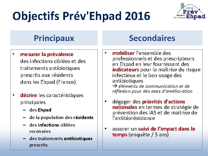 Objectifs Prév'Ehpad 2016 Principaux • mesurer la prévalence des infections ciblées et des traitements