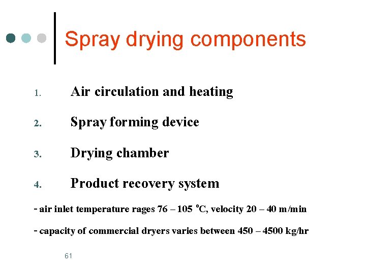Spray drying components 1. 2. 3. 4. Air circulation and heating Spray forming device