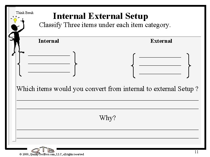 Think Break Internal External Setup Classify Three items under each item category. Internal External