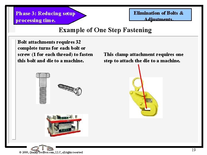 Phase 3: Reducing setup processing time. Elimination of Bolts & Adjustments. Example of One