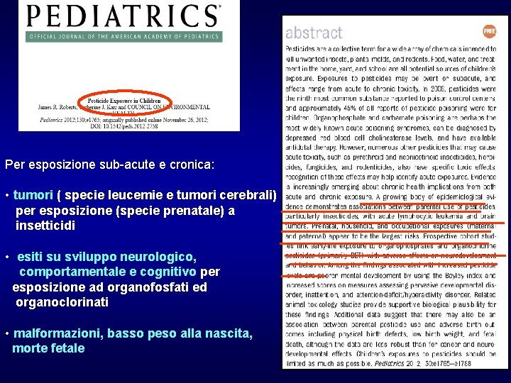 Per esposizione sub-acute e cronica: • tumori ( specie leucemie e tumori cerebrali) per