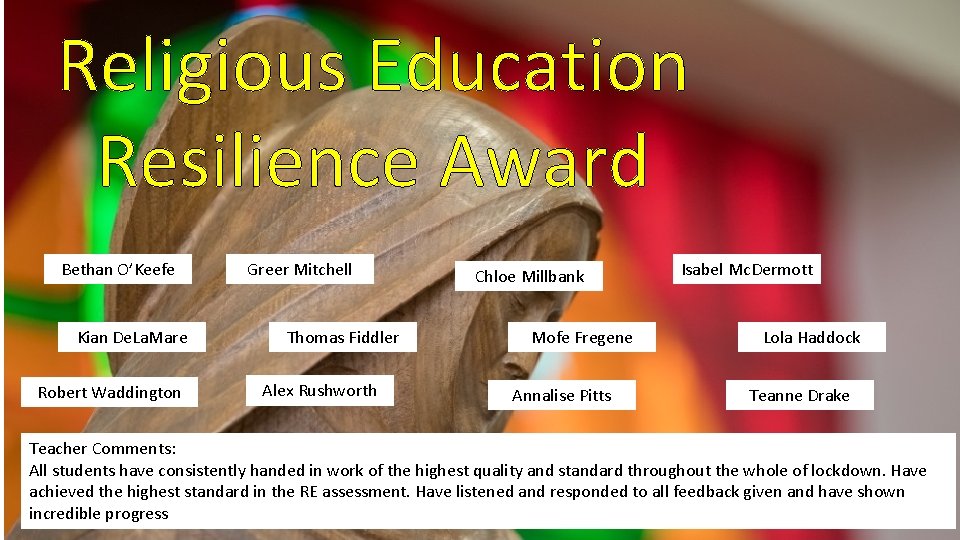 Religious Education Resilience Award Bethan O’Keefe Kian De. La. Mare Robert Waddington Greer Mitchell