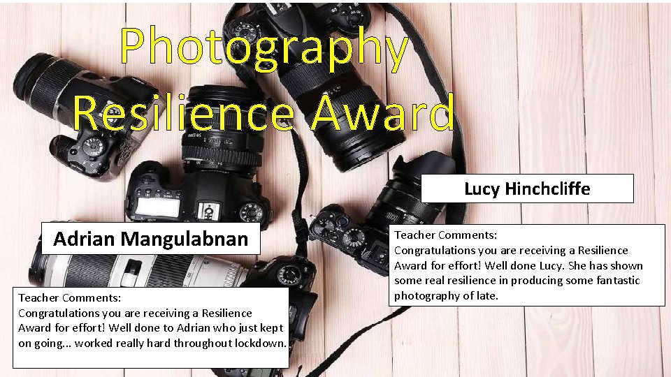 Photography Resilience Award Lucy Hinchcliffe Adrian Mangulabnan Teacher Comments: Congratulations you are receiving a Photography Resilience Award Lucy Hinchcliffe Adrian Mangulabnan Teacher Comments: Congratulations you are receiving a