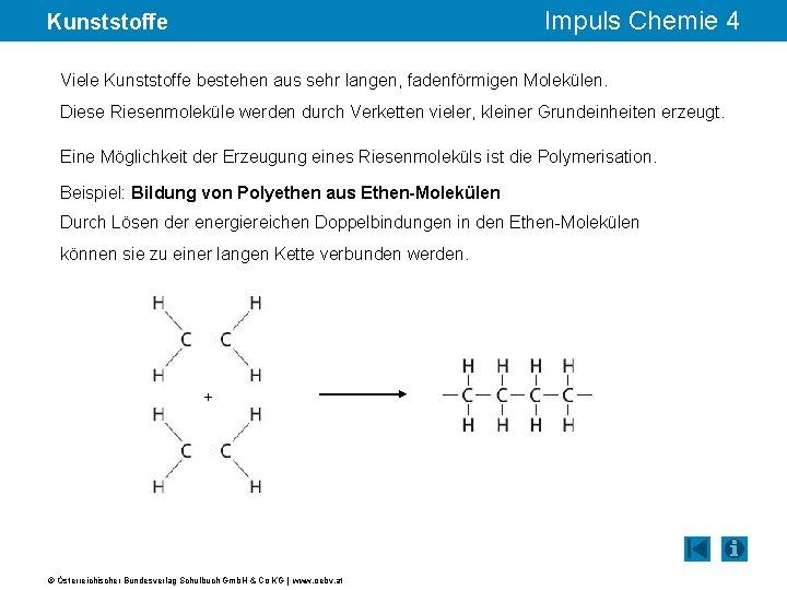 Impuls Chemie 4 Kunststoffe Viele Kunststoffe bestehen aus sehr langen, fadenförmigen Molekülen. Diese Riesenmoleküle