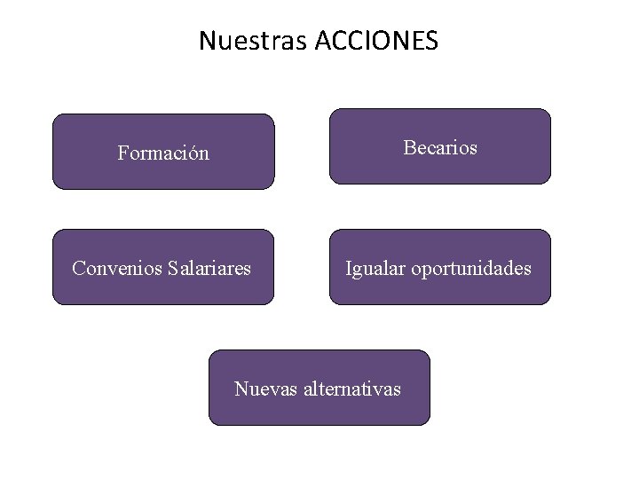 Nuestras ACCIONES Formación Becarios Convenios Salariares Igualar oportunidades Nuevas alternativas 