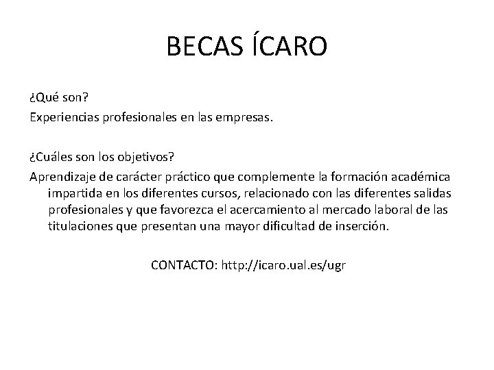 BECAS ÍCARO ¿Qué son? Experiencias profesionales en las empresas. ¿Cuáles son los objetivos? Aprendizaje