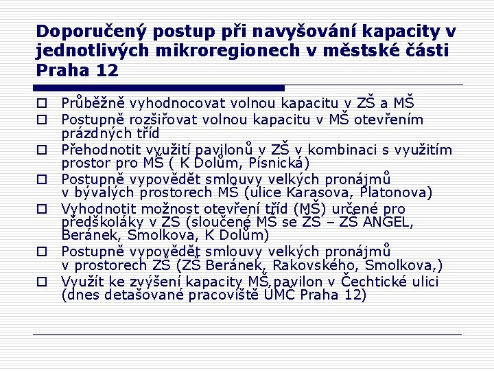 Doporučený postup při navyšování kapacity v jednotlivých mikroregionech v městské části Praha 12 o