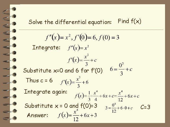 Solve the differential equation: Find f(x) Integrate: Substitute x=0 and 6 for f’(0) Thus