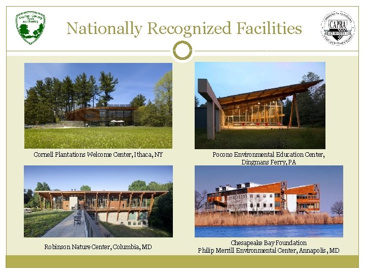 Nationally Recognized Facilities Cornell Plantations Welcome Center, Ithaca, NY Robinson Nature Center, Columbia, MD Nationally Recognized Facilities Cornell Plantations Welcome Center, Ithaca, NY Robinson Nature Center, Columbia, MD