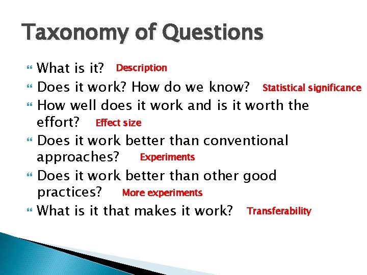 Taxonomy of Questions What is it? Description Does it work? How do we know?