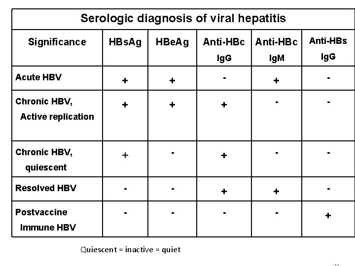 Serologic diagnosis of viral hepatitis Significance HBs. Ag HBe. Ag Anti-HBc Anti-HBs Ig. G