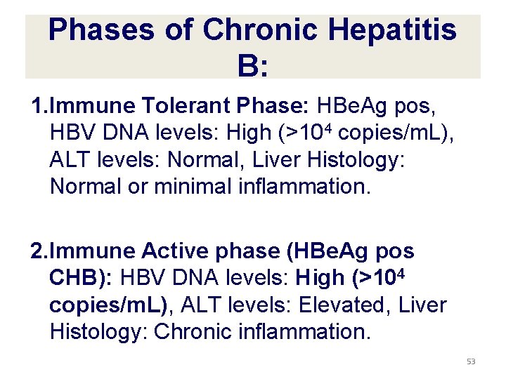 Phases of Chronic Hepatitis B: 1. Immune Tolerant Phase: HBe. Ag pos, HBV DNA