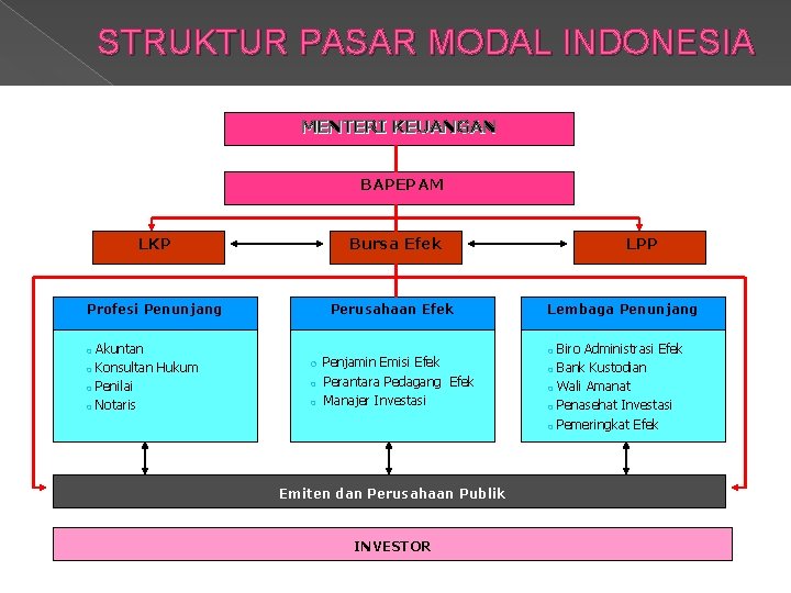 STRUKTUR PASAR MODAL INDONESIA MENTERI KEUANGAN BAPEPAM LKP Bursa Efek Profesi Penunjang Perusahaan Efek