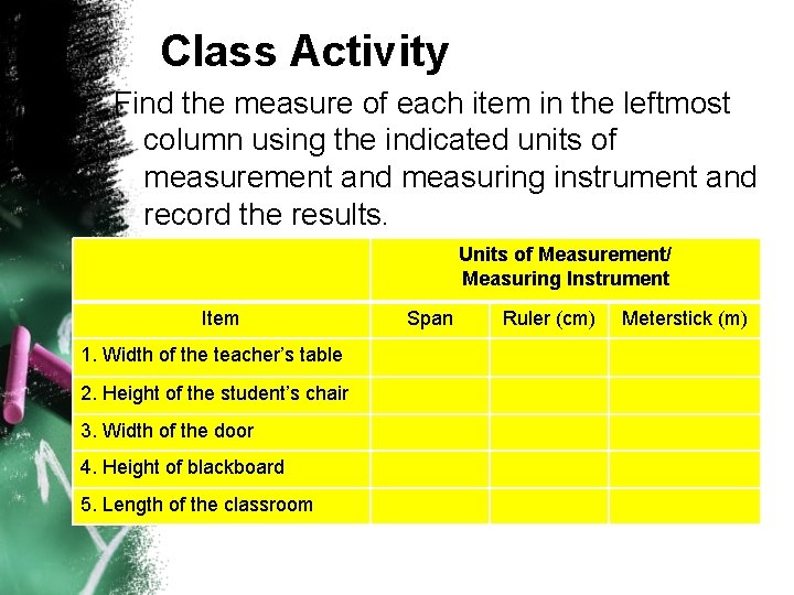 Class Activity Find the measure of each item in the leftmost column using the