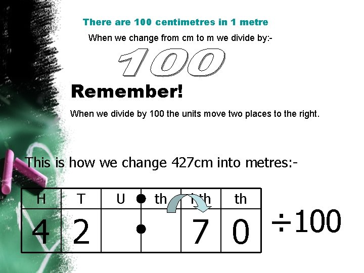 There are 100 centimetres in 1 metre When we change from cm to m