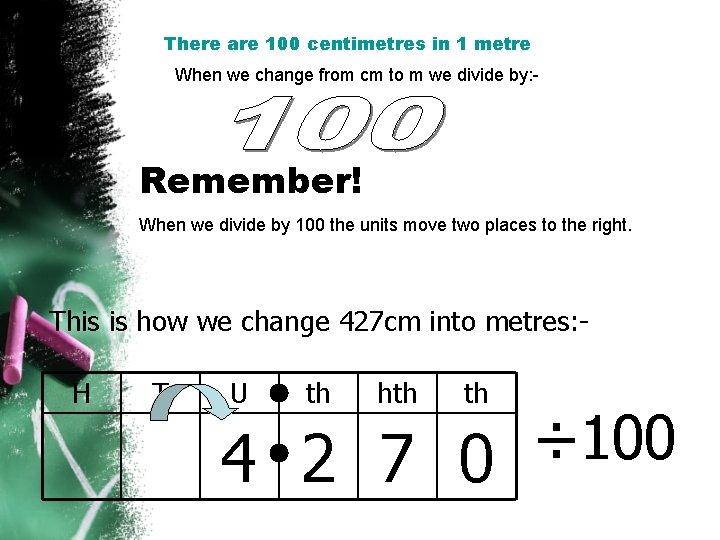 There are 100 centimetres in 1 metre When we change from cm to m