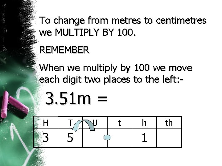 To change from metres to centimetres we MULTIPLY BY 100. REMEMBER When we multiply To change from metres to centimetres we MULTIPLY BY 100. REMEMBER When we multiply