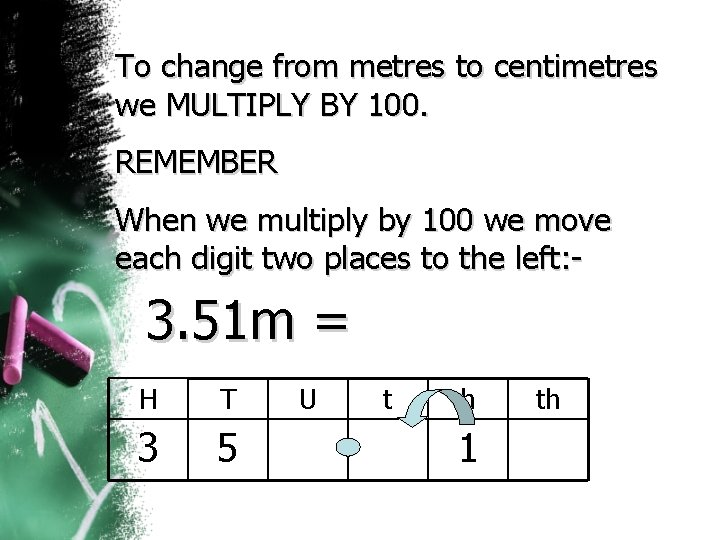 To change from metres to centimetres we MULTIPLY BY 100. REMEMBER When we multiply