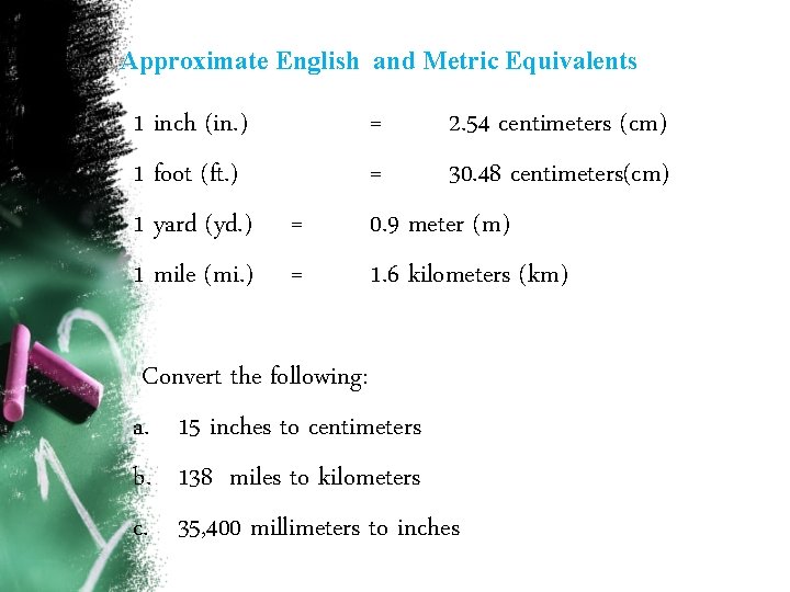 Approximate English and Metric Equivalents 1 inch (in. ) 1 foot (ft. ) 1 Approximate English and Metric Equivalents 1 inch (in. ) 1 foot (ft. ) 1