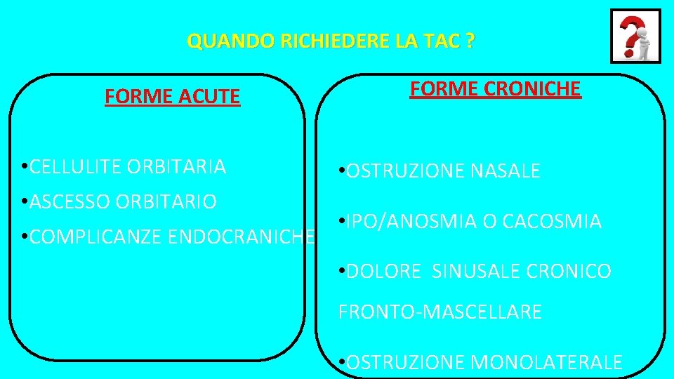 QUANDO RICHIEDERE LA TAC ? FORME ACUTE • CELLULITE ORBITARIA • ASCESSO ORBITARIO • QUANDO RICHIEDERE LA TAC ? FORME ACUTE • CELLULITE ORBITARIA • ASCESSO ORBITARIO •