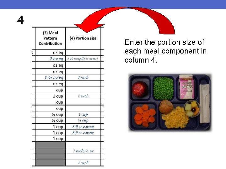 4 Enter the portion size of each meal component in column 4. 