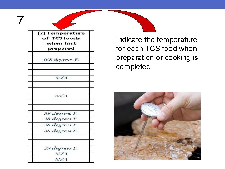 7 Indicate the temperature for each TCS food when preparation or cooking is completed.