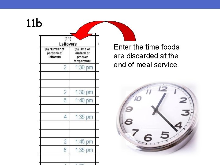 11 b Enter the time foods are discarded at the end of meal service.