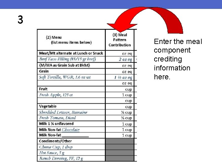 3 Enter the meal component crediting information here. 