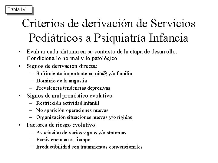 Tabla IV Criterios de derivación de Servicios Pediátricos a Psiquiatría Infancia • Evaluar cada