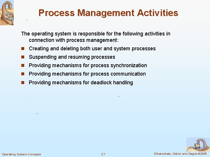 Process Management Activities The operating system is responsible for the following activities in connection